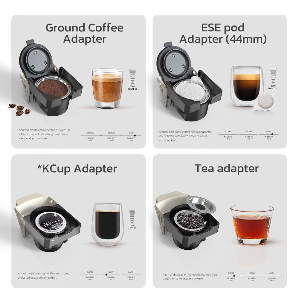 HiBREW H1B 6-in-1-Pad-Kaffeemaschine, 600 ml Wassertank, 19 Bar Druckextraktion, Kalt-/Heißmodus, LED-Anzeige, für Kcup*/Nes*/DG*/Espressopulver, Beige