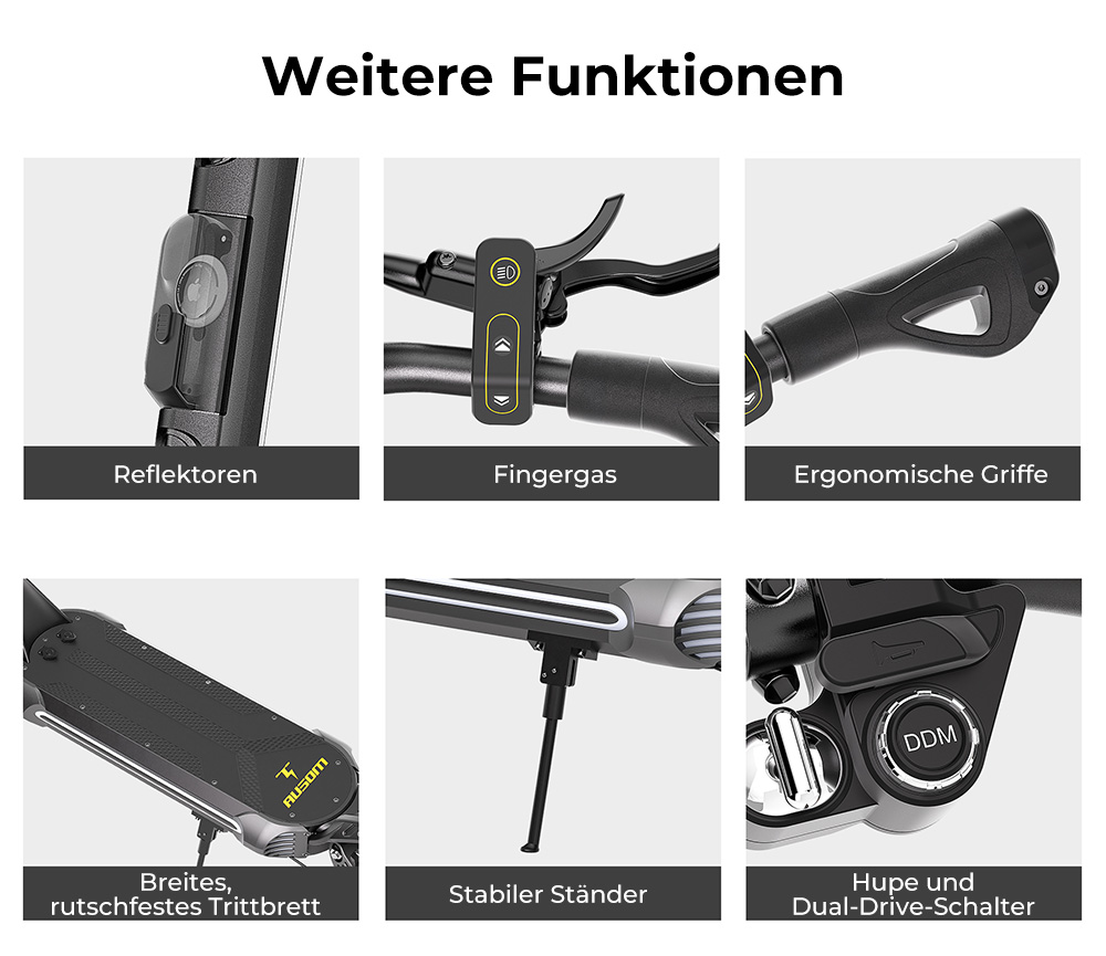 Ausom SR1 Elektroroller, 2 x 1000 W Motor, 52 V 20,8 Ah Akku, 10 Zoll Reifen, 65 km/h Höchstgeschwindigkeit, 95 km Reichweite, Hydraulische Scheibenbremsen vorne und hinten, Schwingenaufhängung