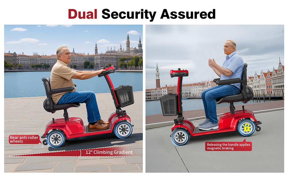 Unificare Lucas Pro Trottinette à quatre roues, moteur 180W, batterie 24V 12Ah, pneus de 8 pouces, vitesse maximale de 6 km/h, autonomie de 20 km, frein magnétique, charge maximale de 190 kg - Rouge