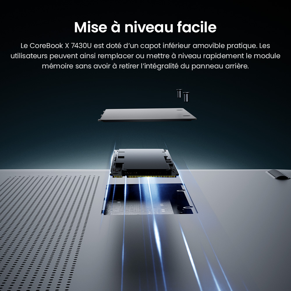 Ordinateur portable CHUWI CoreBook X, écran 14 pouces 2160 x 1440, processeur AMD Ryzen 5 7430U 6 cœurs cadencé à 4,3 GHz maximum, 16 Go de RAM, SSD 512 Go, Wi-Fi 6, Bluetooth 5.2, batterie 4 000 mAh, clavier rétroéclairé, 1 port Type-C complet, 2 ports USB 3.0, 1 port HDMI 1.4, 1 emplacement pour carte TF, 1 prise casque.