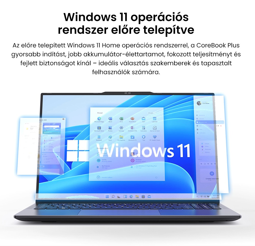 CHUWI CoreBook Plus Laptop, 16 hüvelykes 1920x1200 IPS képernyő, AMD Ryzen 5 7430U 6 magos, max. 4,3 GHz, 16 GB RAM, 512 GB SSD, WiFi 6 Bluetooth 5.2, 2*Teljes funkcionalitású Type-C, 2*USB3.2, 1*USB2.0, 1*TF kártyahely, 1*HDMI, 1*RJ45, 1*Audio