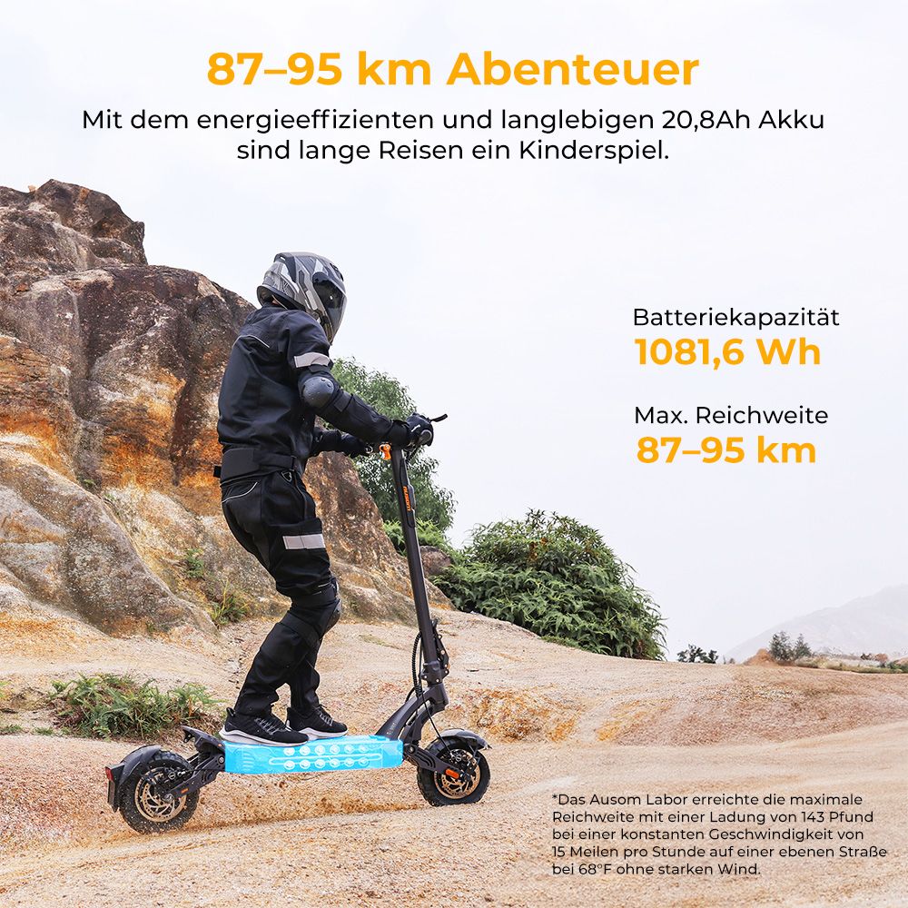 Ausom SR1 Elektroroller, 2 x 1000 W Motor, 52 V 20,8 Ah Akku, 10 Zoll Reifen, 65 km/h Höchstgeschwindigkeit, 95 km Reichweite, Hydraulische Scheibenbremsen vorne und hinten, Schwingenaufhängung