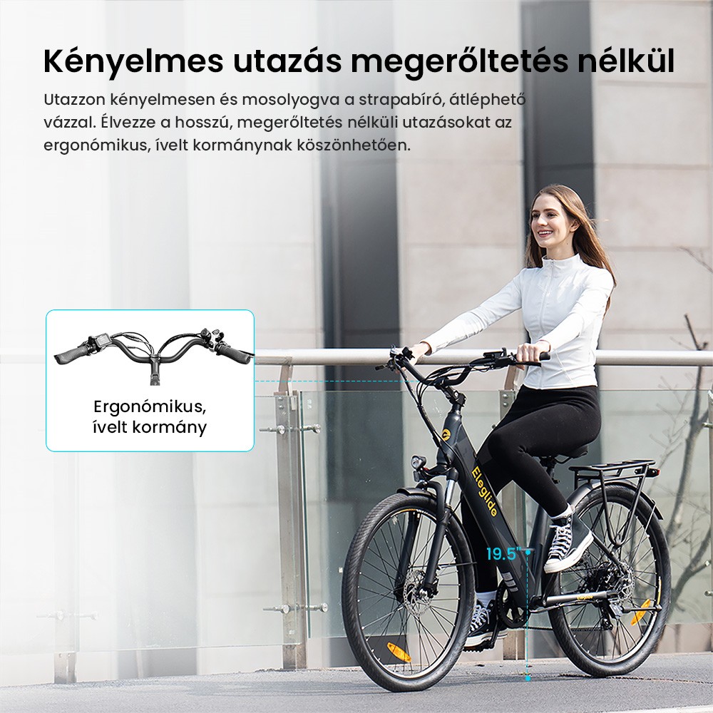 Eglide T2 elektromos kerékpár, 250 W-os motor, 36 V-os 13 Ah-s akkumulátor, 27,5 x 2,1 hüvelykes gumiabroncs, 25 km/h maximális sebesség, 100 km-es hatótávolság, hidraulikus tárcsafékek, zárható teleszkópvilla, Shimano 7 sebességes váltó, LCD kijelző, alkalmazásvezérlés