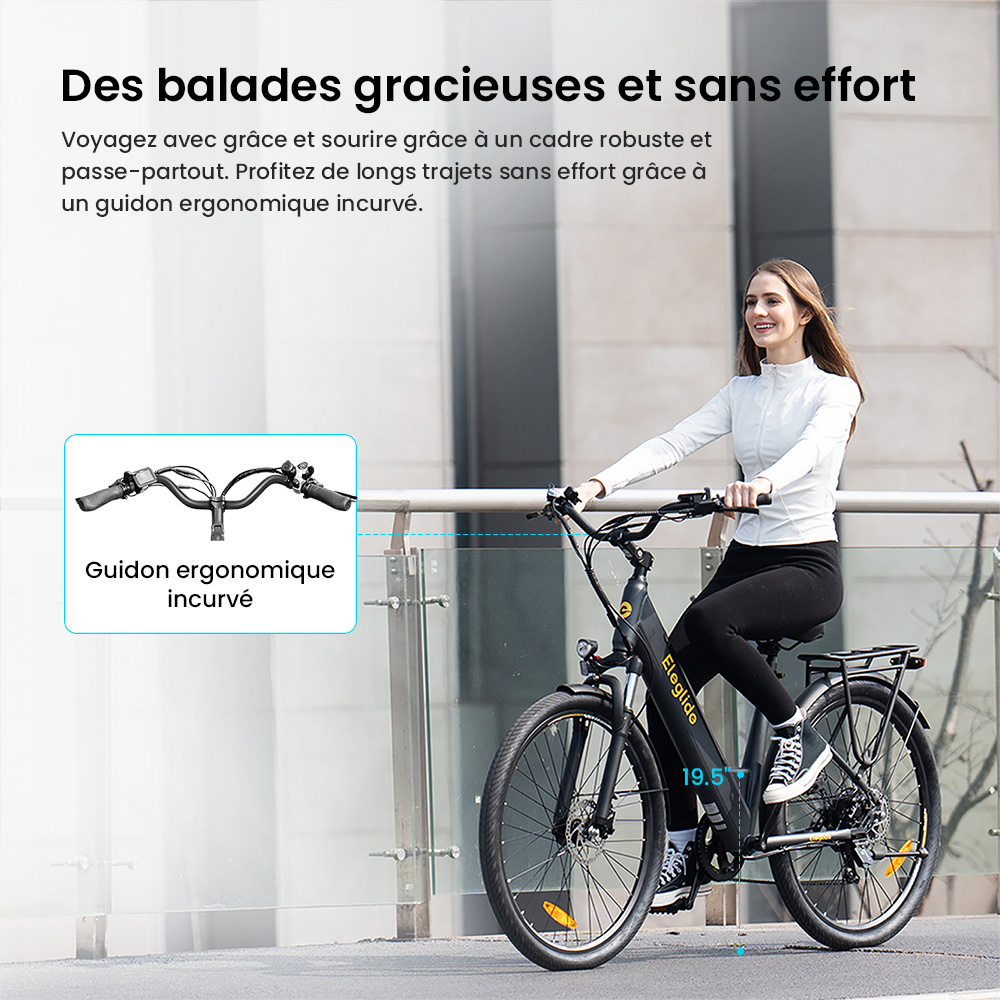 Vélo électrique Eleglide T2, moteur 250 W, batterie 36 V 13 Ah, pneus 27,5 x 2,1 pouces, vitesse maximale 25 km/h, autonomie maximale 100 km, freins à disque hydrauliques, fourche à suspension avec blocage, Shimano 7 vitesses, écran LCD, contrôle par application