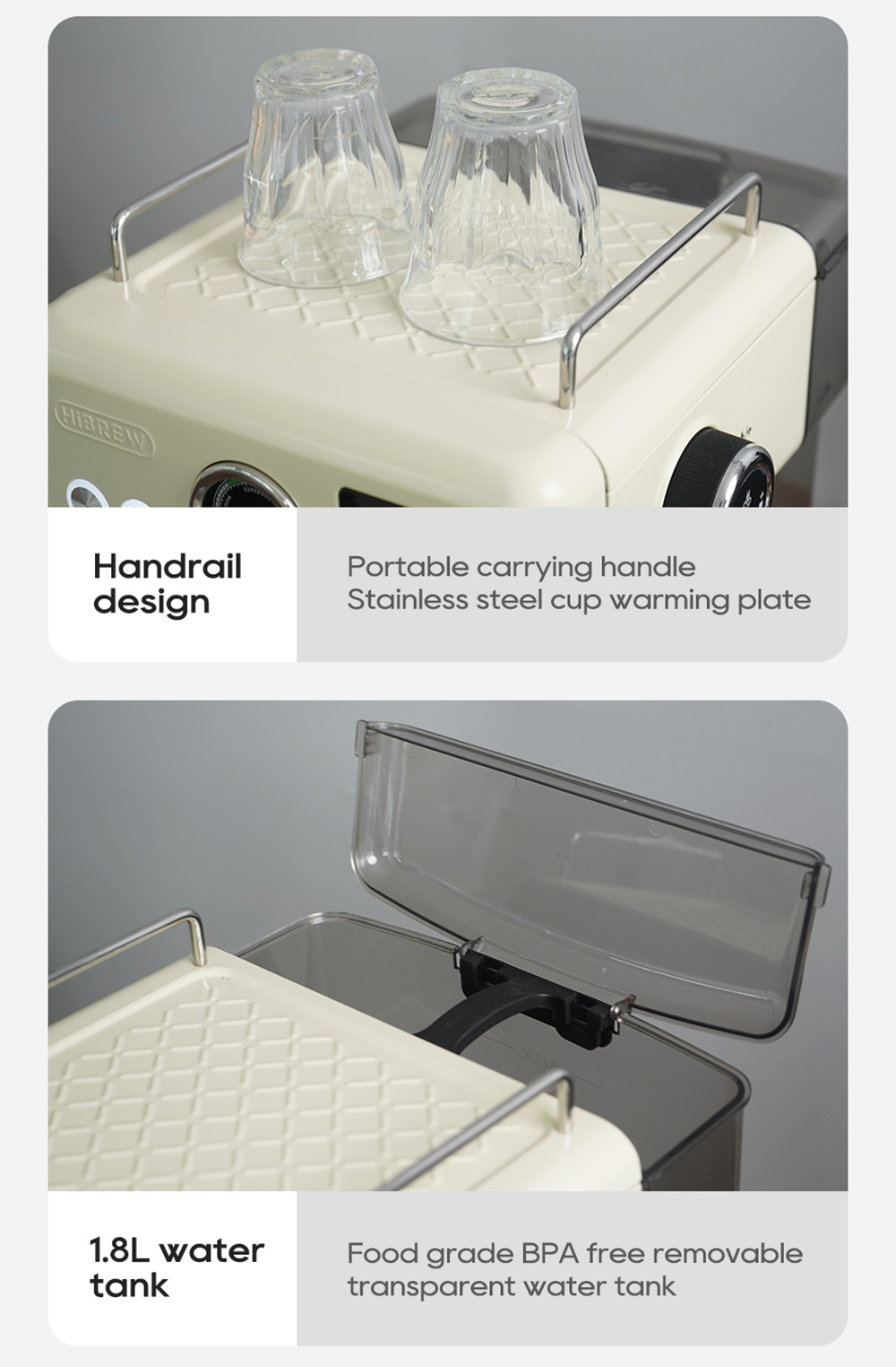 HiBREW H10A Kávéfőző, 20 Bar Extrakciós Nyomás, Állítható Hőmérséklet és Csésze Térfogat, 58 mm-es Portafilter, 1,8L Kivehető Víztartály, Bézs