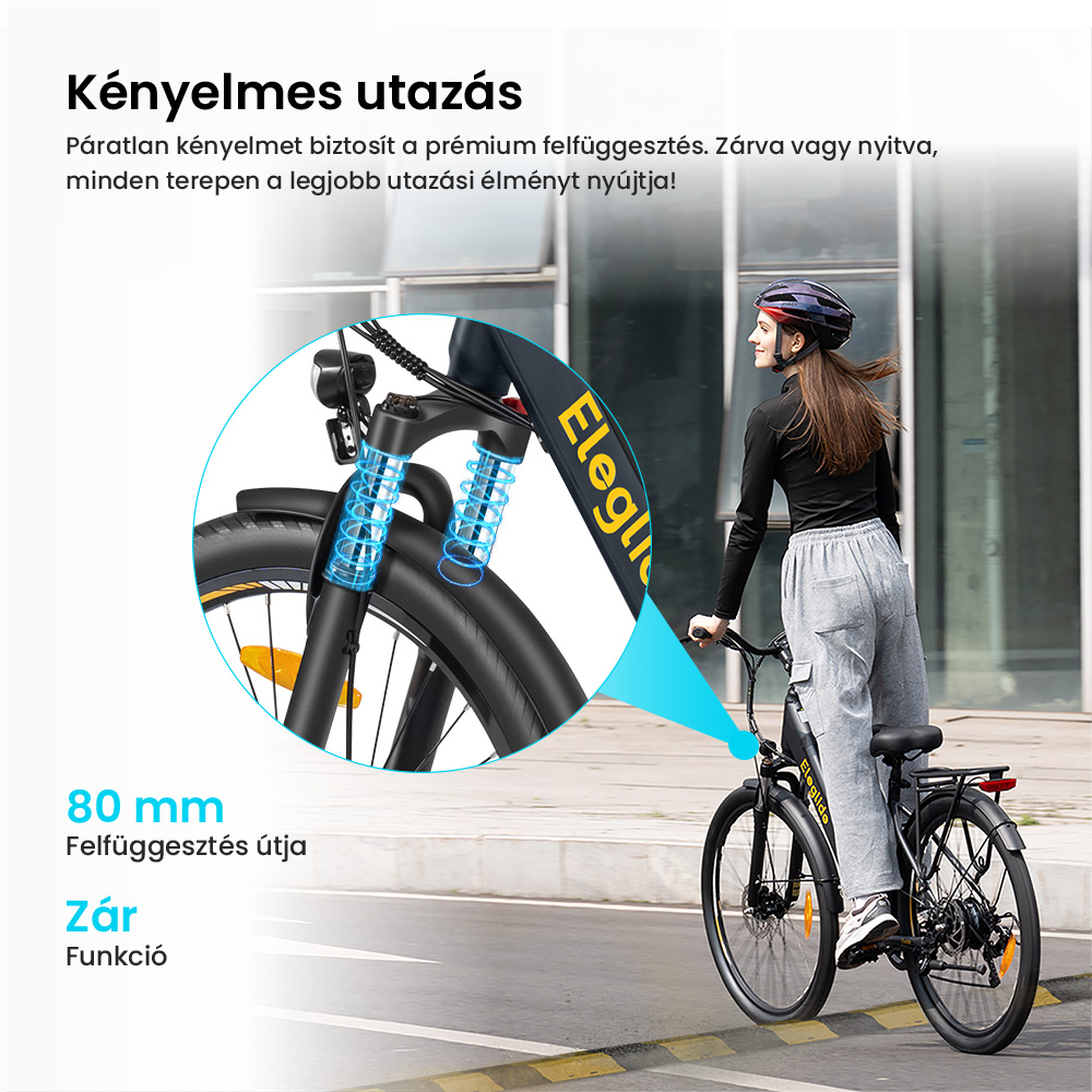 Eglide T2 elektromos kerékpár, 250 W-os motor, 36 V-os 13 Ah-s akkumulátor, 27,5 x 2,1 hüvelykes gumiabroncs, 25 km/h maximális sebesség, 100 km-es hatótávolság, hidraulikus tárcsafékek, zárható teleszkópvilla, Shimano 7 sebességes váltó, LCD kijelző, alkalmazásvezérlés