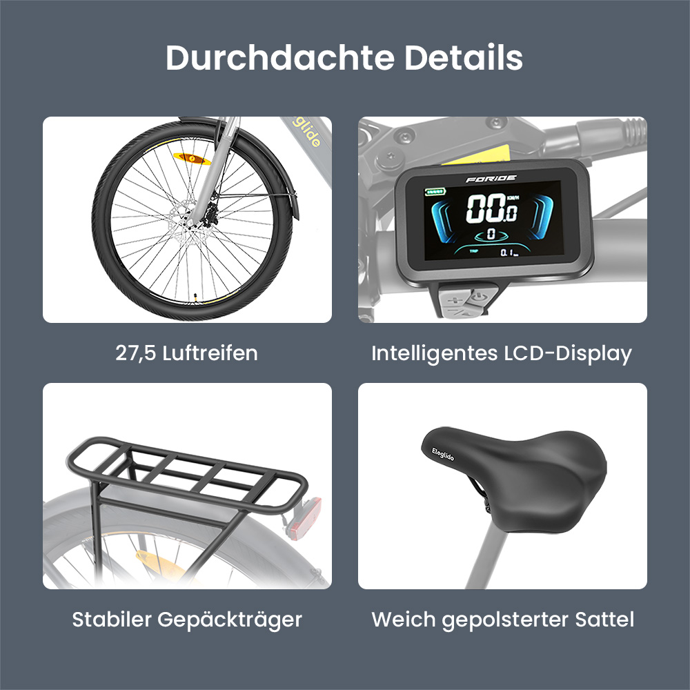 Eleglide T2 Elektrofahrrad, 250-W-Motor, 36-V-13-Ah-Akku, 27,5 x 2,1 Zoll Reifen, 25 km/h Höchstgeschwindigkeit, 100 km maximale Reichweite, hydraulische Scheibenbremsen, Federgabel mit Verriegelung, Shimano 7-Gang, LCD-Display, App-Steuerung