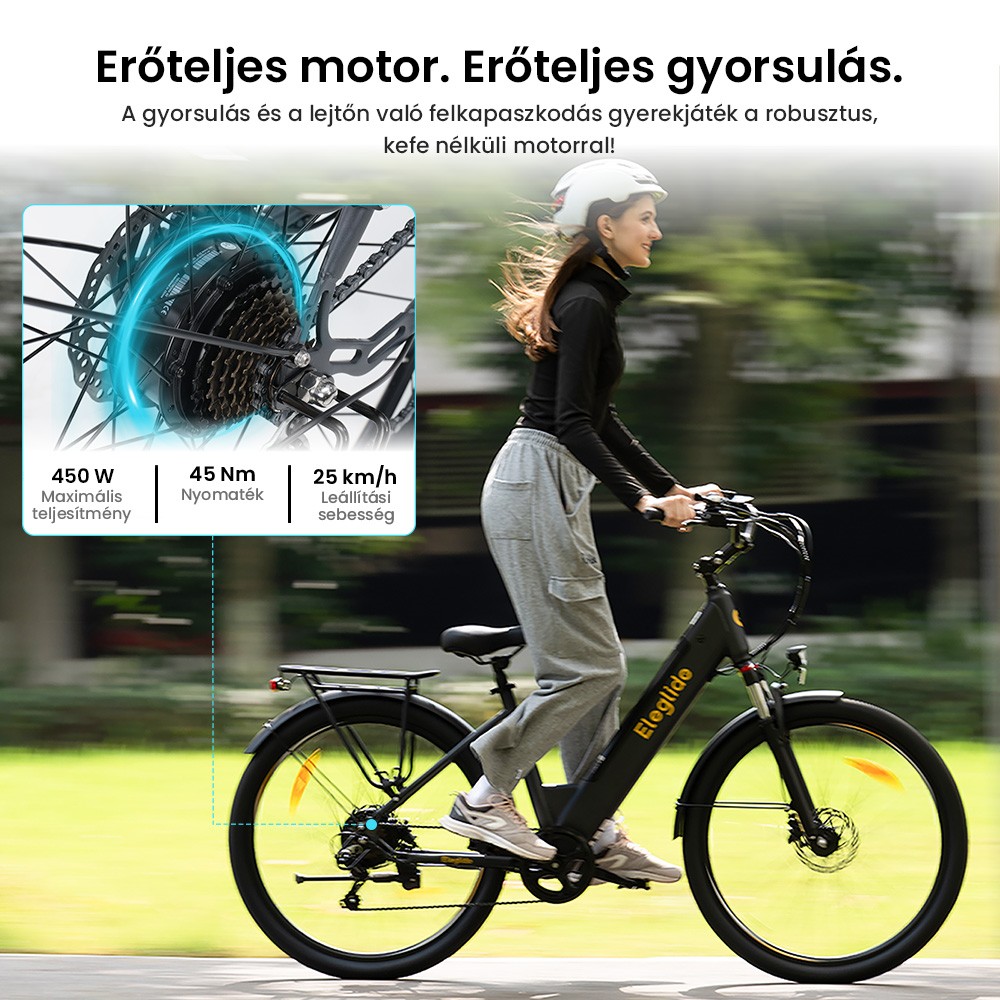 Eglide T2 elektromos kerékpár, 250 W-os motor, 36 V-os 13 Ah-s akkumulátor, 27,5 x 2,1 hüvelykes gumiabroncs, 25 km/h maximális sebesség, 100 km-es hatótávolság, hidraulikus tárcsafékek, zárható teleszkópvilla, Shimano 7 sebességes váltó, LCD kijelző, alkalmazásvezérlés
