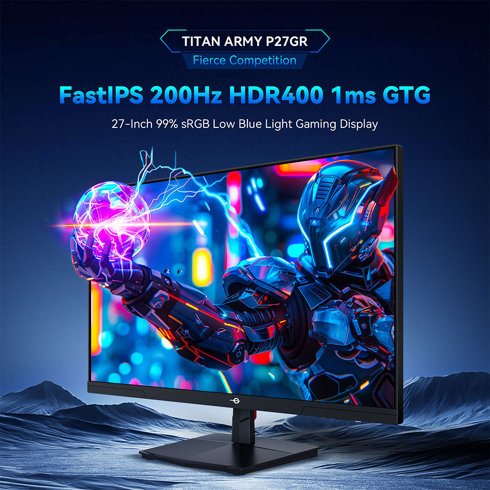 TITAN ARMY P27GR Gaming Monitor, 27-inch 2560*1440 16:9 Fast IPS Screen, 200Hz Refresh Rate, 1ms GTG, 99% sRGB, HDR400, Adaptive-Sync, Gaming Mode, Dynamic OD, PBP & PIP Display, Low Blue Light, Adjustable Tilt, VESA Wall Mounting
