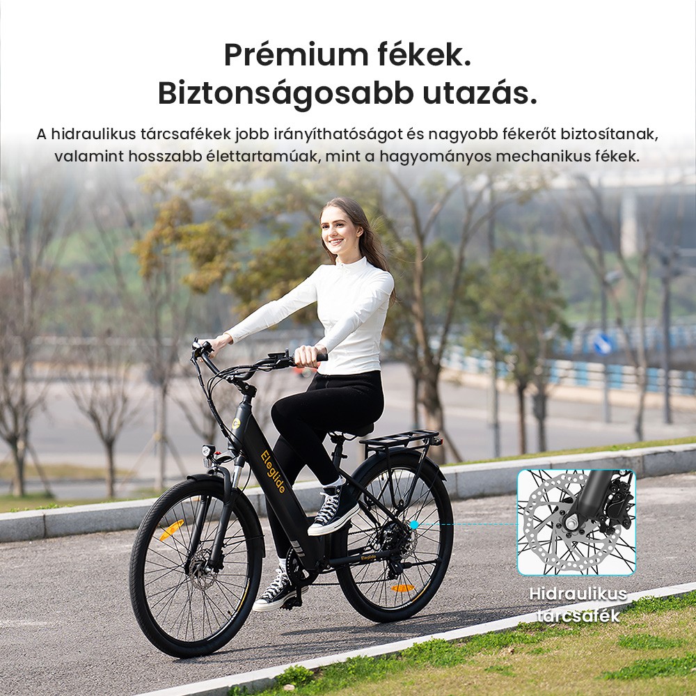 Eglide T2 elektromos kerékpár, 250 W-os motor, 36 V-os 13 Ah-s akkumulátor, 27,5 x 2,1 hüvelykes gumiabroncs, 25 km/h maximális sebesség, 100 km-es hatótávolság, hidraulikus tárcsafékek, zárható teleszkópvilla, Shimano 7 sebességes váltó, LCD kijelző, alkalmazásvezérlés