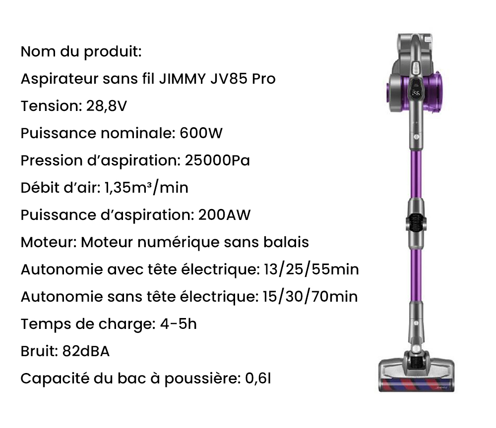 Aspirateur à main flexible sans fil JIMMY JV85 Pro avec aspiration puissante de 200 AW, moteur sans balais numérique de 550 W, autonomie de 70 minutes, bruit ultra-faible pour nettoyer les sols et les meubles par Xiaomi