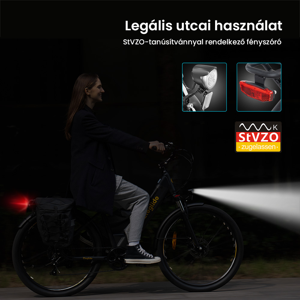 Eglide T2 elektromos kerékpár, 250 W-os motor, 36 V-os 13 Ah-s akkumulátor, 27,5 x 2,1 hüvelykes gumiabroncs, 25 km/h maximális sebesség, 100 km-es hatótávolság, hidraulikus tárcsafékek, zárható teleszkópvilla, Shimano 7 sebességes váltó, LCD kijelző, alkalmazásvezérlés