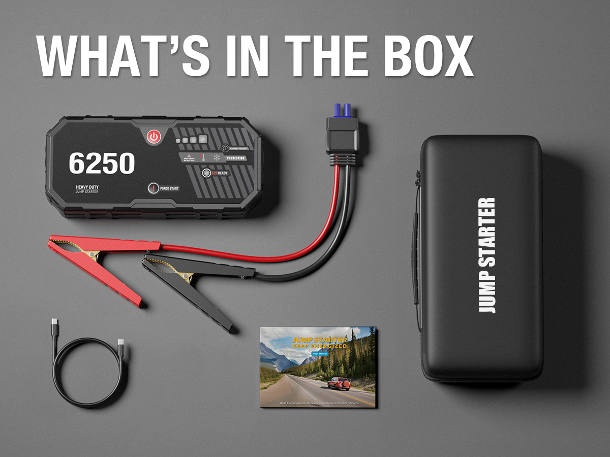 JFEGWO F40-6250A 3400A 12 V-os indító, 16000 mAh-s akkumulátortöltő, 15 W-os USB-C gyorstöltés, LED-es zseblámpa, IP54 vízállóság, benzinmotorokhoz 10 literig és dízelmotorokhoz 6,5 literig