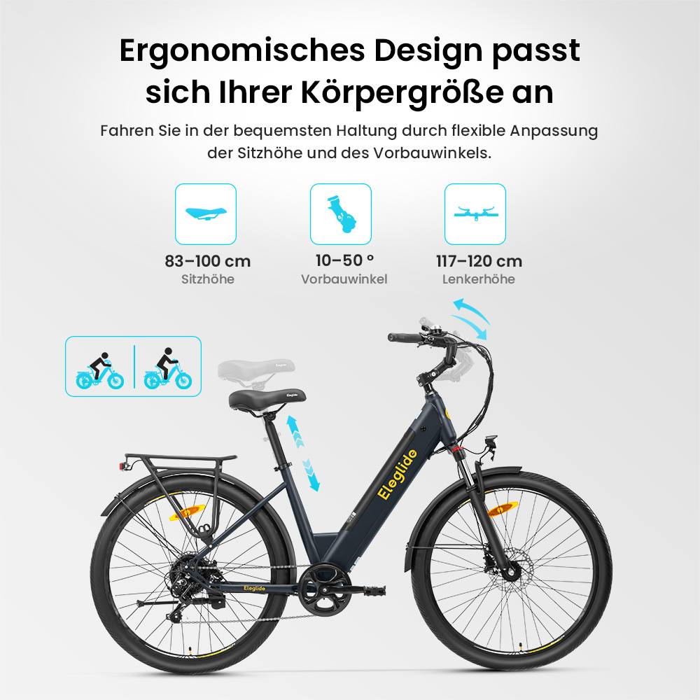 Eleglide T2 Elektrofahrrad, 250-W-Motor, 36-V-13-Ah-Akku, 27,5 x 2,1 Zoll Reifen, 25 km/h Höchstgeschwindigkeit, 100 km maximale Reichweite, hydraulische Scheibenbremsen, Federgabel mit Verriegelung, Shimano 7-Gang, LCD-Display, App-Steuerung