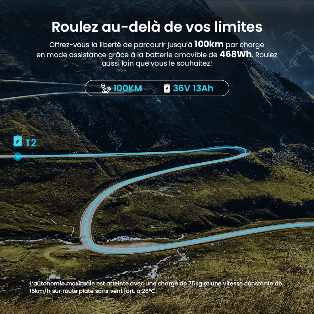 Vélo électrique Eleglide T2, moteur 250 W, batterie 36 V 13 Ah, pneus 27,5 x 2,1 pouces, vitesse maximale 25 km/h, autonomie maximale 100 km, freins à disque hydrauliques, fourche à suspension avec blocage, Shimano 7 vitesses, écran LCD, contrôle par application
