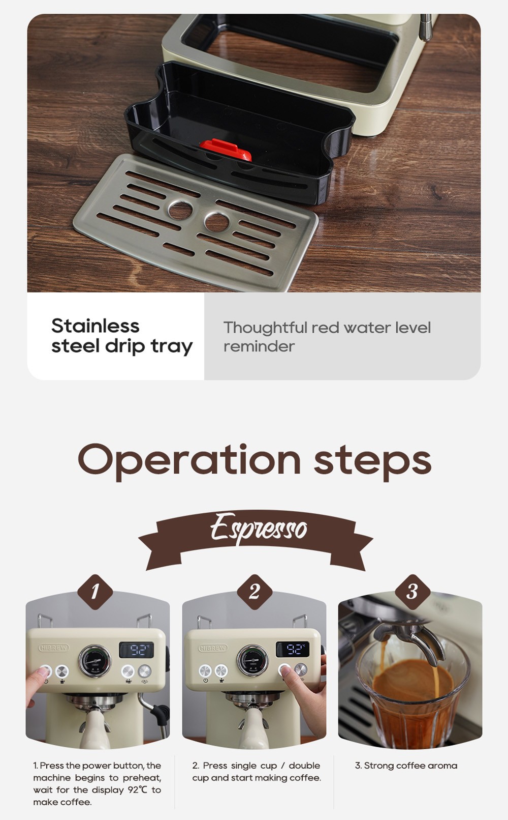 HiBREW H10A Kaffeemaschine, 20 Bar Extraktionsdruck, einstellbare Temperatur und Tassenvolumen, 58 mm Siebträger, 1,8 l abnehmbarer Wassertank - Beige
