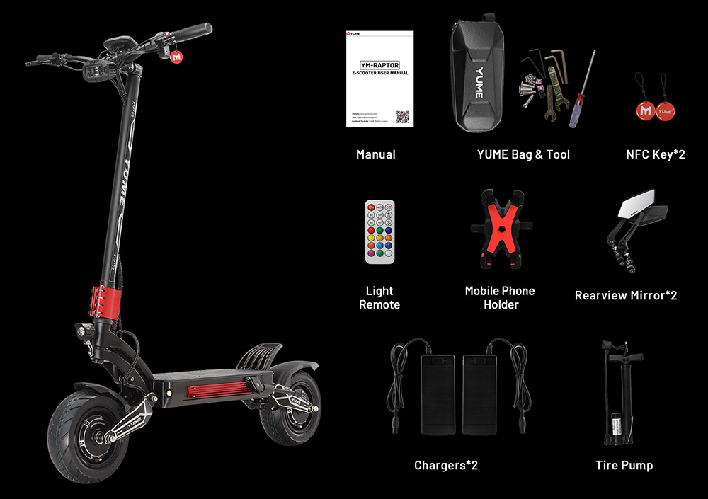 YUME Raptor Elektromos Roller, 3000W*2 Motor, 60V 27Ah Akkumulátor, 11 colos Terepjáró Gumiabroncsok, 80km/h Max. Sebesség, 90km Hatótávolság, Hidraulikus Fékek + Elektromos Fékek, Első és Hátsó Hidraulikus Lengéscsillapító, LCD Kijelző