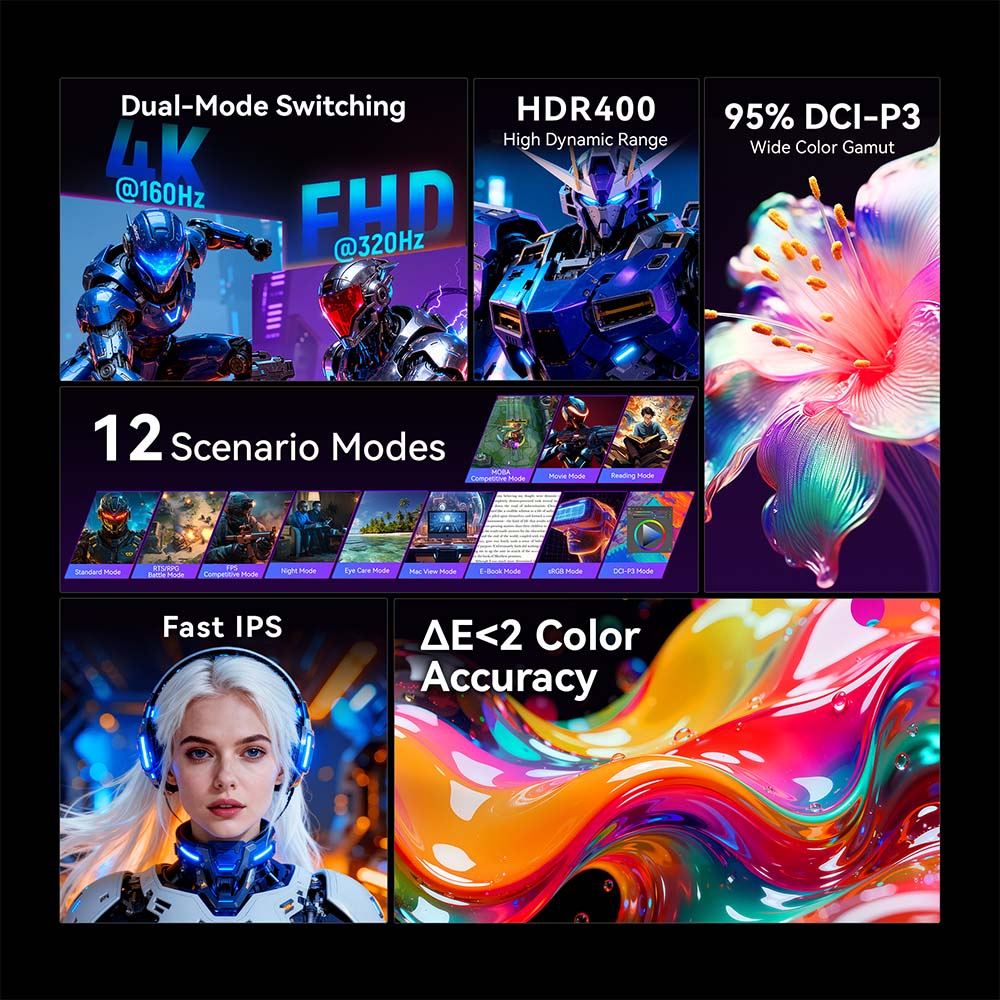 TITAN ARMY P2712V Gaming Monitor, 27 inch Fast IPS, 3840×2160@160Hz & 1920×1080@320Hz, HDR400, 12 Scenario Modes, Game Assist, 1ms GTG Response Time, Dynamic OD, RGB Gaming Lighting, Low Blue Light, 2*HDMI 2.1, 2*DP 1.4, 1*Audio