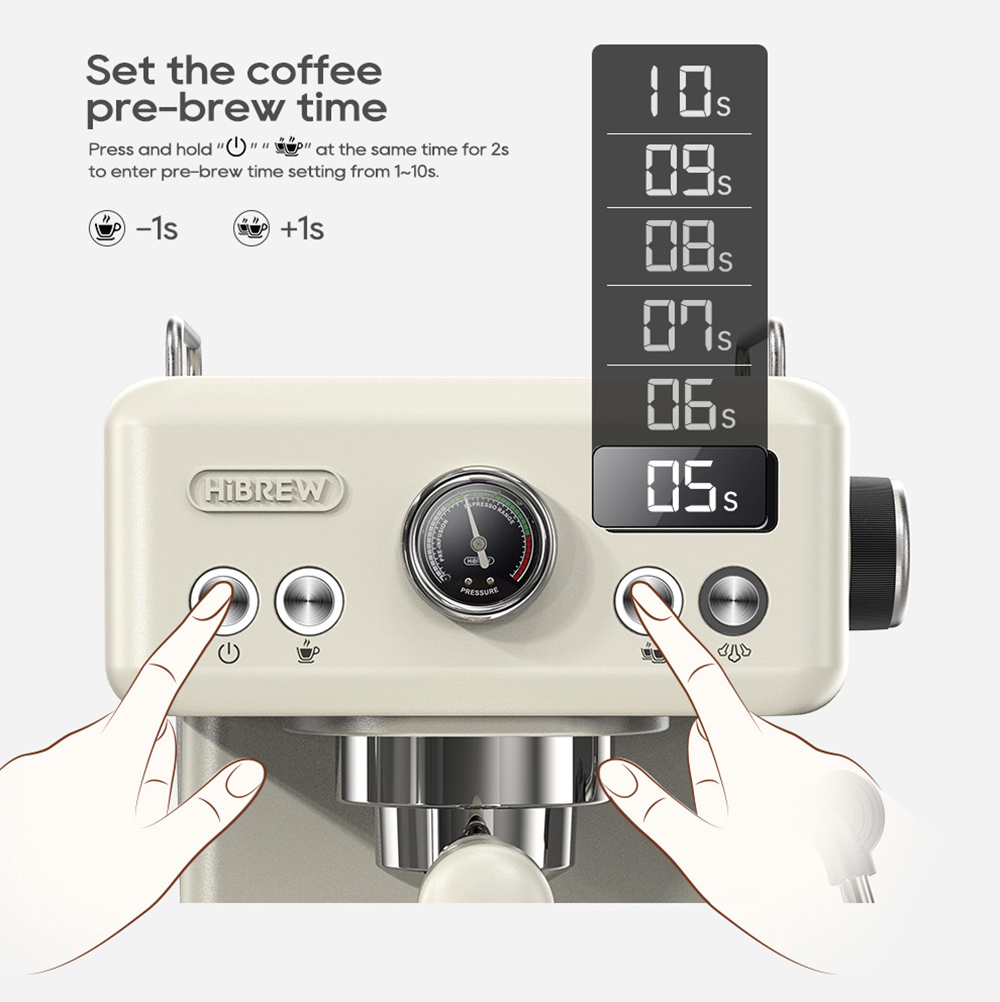 HiBREW H10A Kávéfőző, 20 Bar Extrakciós Nyomás, Állítható Hőmérséklet és Csésze Térfogat, 58 mm-es Portafilter, 1,8L Kivehető Víztartály, Bézs