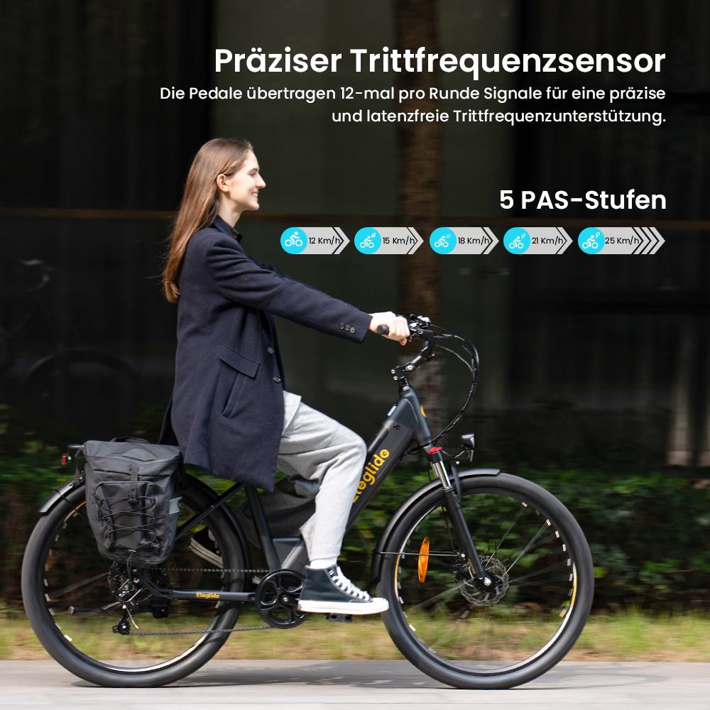Eleglide T2 Elektrofahrrad, 250-W-Motor, 36-V-13-Ah-Akku, 27,5 x 2,1 Zoll Reifen, 25 km/h Höchstgeschwindigkeit, 100 km maximale Reichweite, hydraulische Scheibenbremsen, Federgabel mit Verriegelung, Shimano 7-Gang, LCD-Display, App-Steuerung