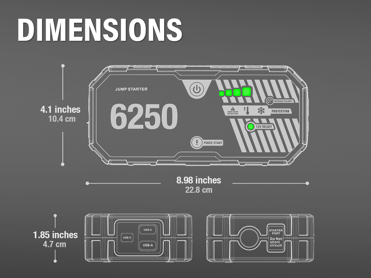 JFEGWO F40-6250A 3400A 12 V-os indító, 16000 mAh-s akkumulátortöltő, 15 W-os USB-C gyorstöltés, LED-es zseblámpa, IP54 vízállóság, benzinmotorokhoz 10 literig és dízelmotorokhoz 6,5 literig