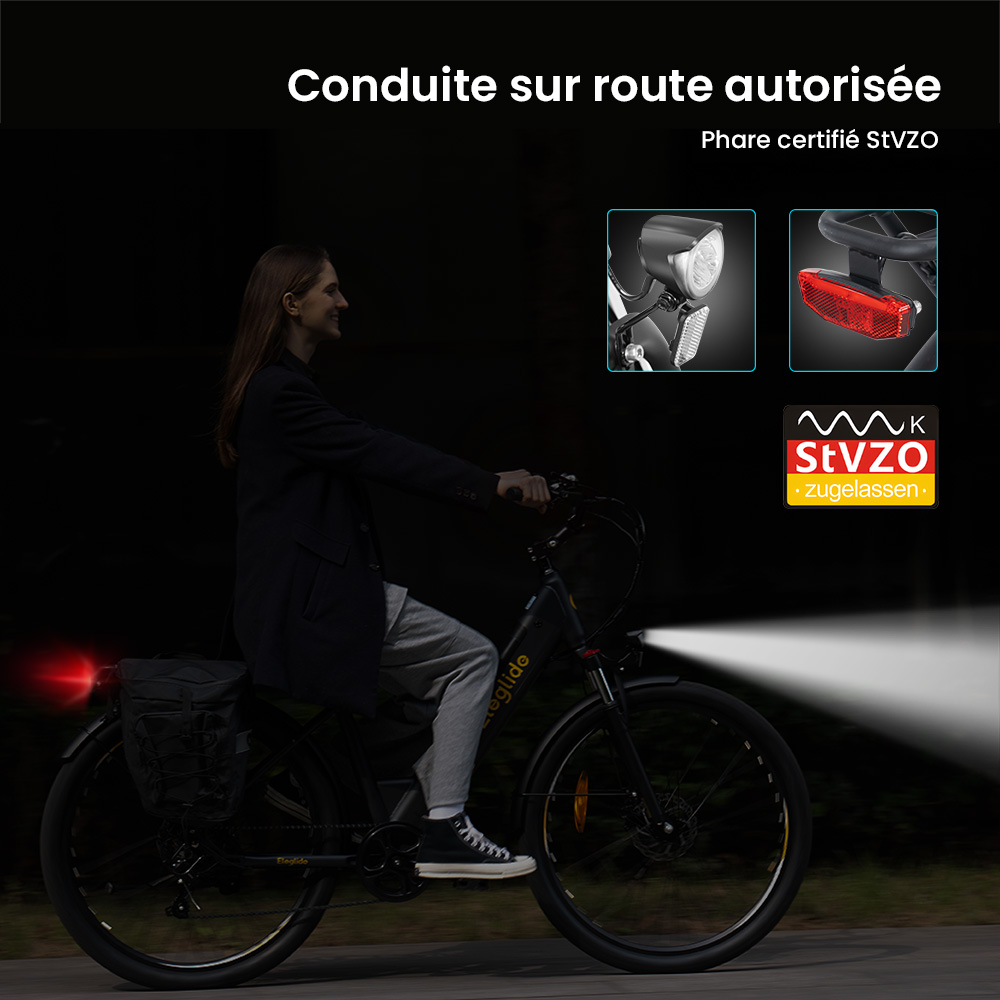 Vélo électrique Eleglide T2, moteur 250 W, batterie 36 V 13 Ah, pneus 27,5 x 2,1 pouces, vitesse maximale 25 km/h, autonomie maximale 100 km, freins à disque hydrauliques, fourche à suspension avec blocage, Shimano 7 vitesses, écran LCD, contrôle par application