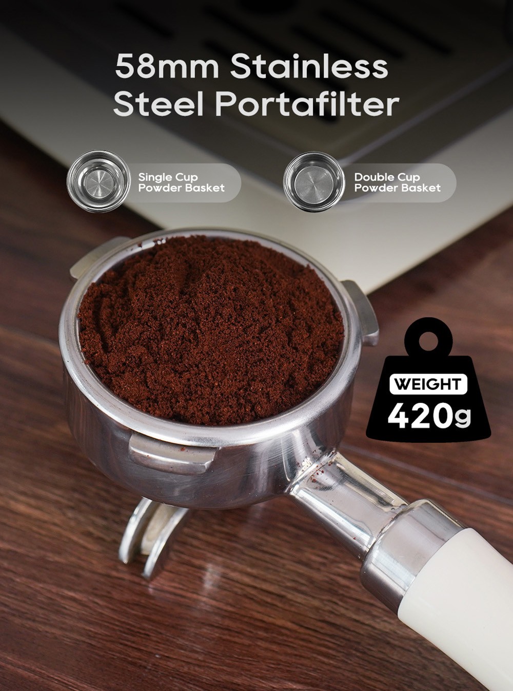 HiBREW H10A Kaffeemaschine, 20 Bar Extraktionsdruck, einstellbare Temperatur und Tassenvolumen, 58 mm Siebträger, 1,8 l abnehmbarer Wassertank - Beige