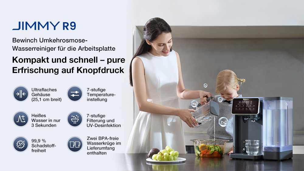 JIMMY R9 Tisch-Reverse-Osmose-Wasserfilter, 7-Stufen + UV + Remineralisierung, 3s Heißwasser, 7 Temperaturen, 3:1 Verhältnis, Grau