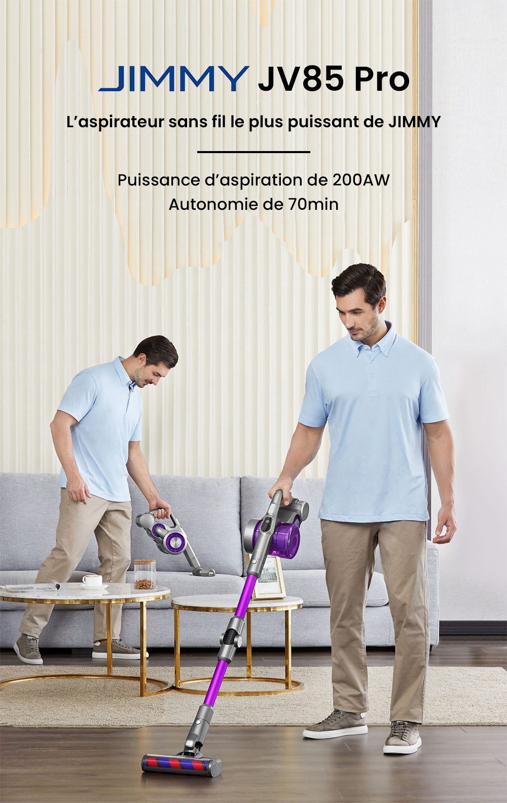 Aspirateur à main flexible sans fil JIMMY JV85 Pro avec aspiration puissante de 200 AW, moteur sans balais numérique de 550 W, autonomie de 70 minutes, bruit ultra-faible pour nettoyer les sols et les meubles par Xiaomi