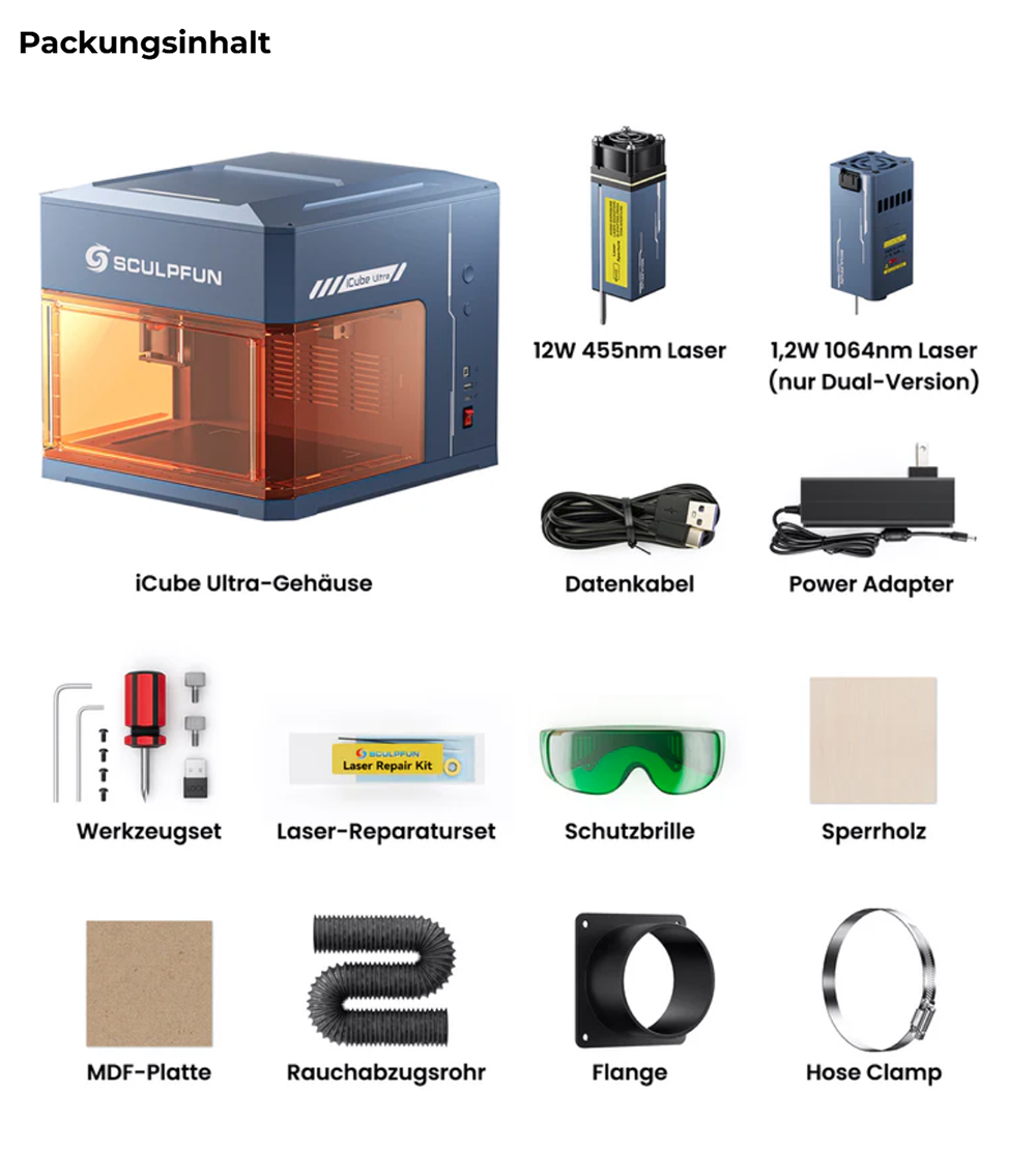 SCULPFUN iCube Ultra Dual 12W + 1.2W Lasergravierer – Zwei Laserquellen für Holz & Metall, Klasse 1 Sicherheitsdesign, 10000 mm/min Präzisionsgravur