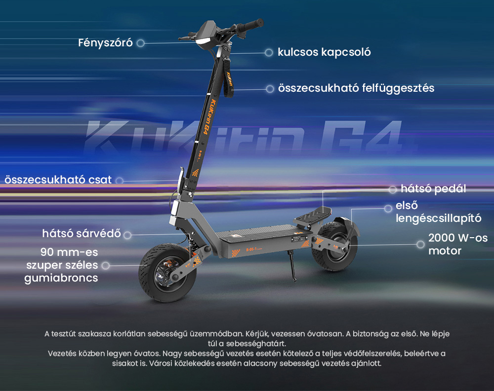 KuKirin G4 Elektromos Roller, 2*1000W-os Motor, 60V 20Ah Akkumulátor, 11 colos Gumiabroncsok, 70km/h Max. Sebesség, 75km Hatótávolság, Első és Hátsó Tárcsafékek, Négykaros Lengéscsillapító