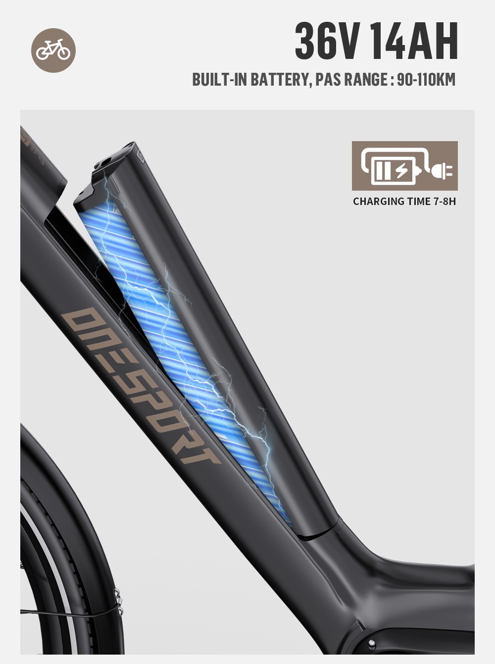 ONESPORT OT07 Elektromos kerékpár 250W BAFANG Középhajtású Motor 36V 14AH Akkumulátor 27.5 hüvelykes Gumiabroncsok 25km/h Max Sebesség, 110km Hatótávolság, Lengéscsillapító Villa, Hidraulikus Tárcsafékek, SHIMANO 7 Sebességes - Fekete