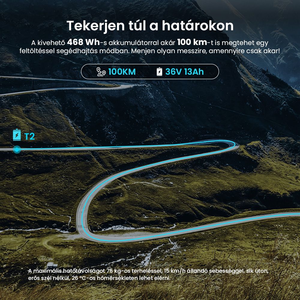 Eglide T2 elektromos kerékpár, 250 W-os motor, 36 V-os 13 Ah-s akkumulátor, 27,5 x 2,1 hüvelykes gumiabroncs, 25 km/h maximális sebesség, 100 km-es hatótávolság, hidraulikus tárcsafékek, zárható teleszkópvilla, Shimano 7 sebességes váltó, LCD kijelző, alkalmazásvezérlés