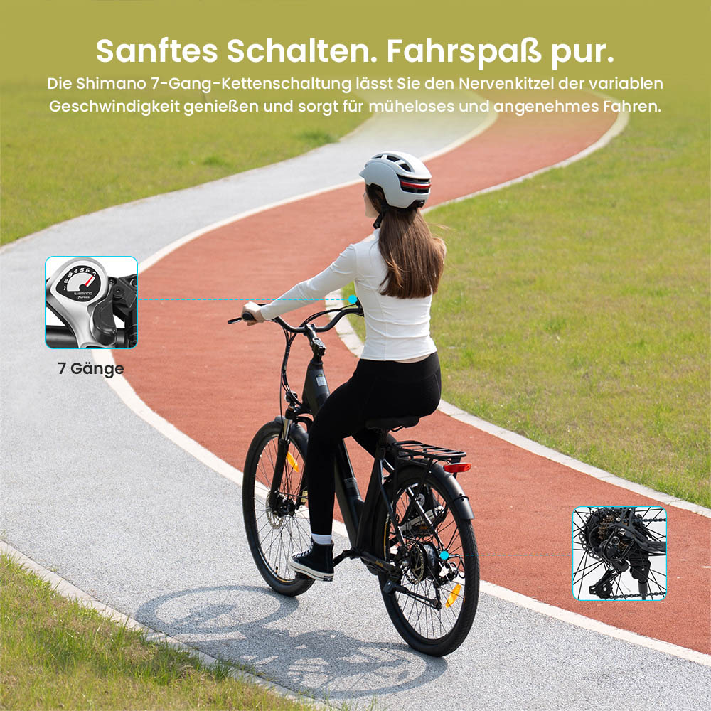 Eleglide T2 Elektrofahrrad, 250-W-Motor, 36-V-13-Ah-Akku, 27,5 x 2,1 Zoll Reifen, 25 km/h Höchstgeschwindigkeit, 100 km maximale Reichweite, hydraulische Scheibenbremsen, Federgabel mit Verriegelung, Shimano 7-Gang, LCD-Display, App-Steuerung