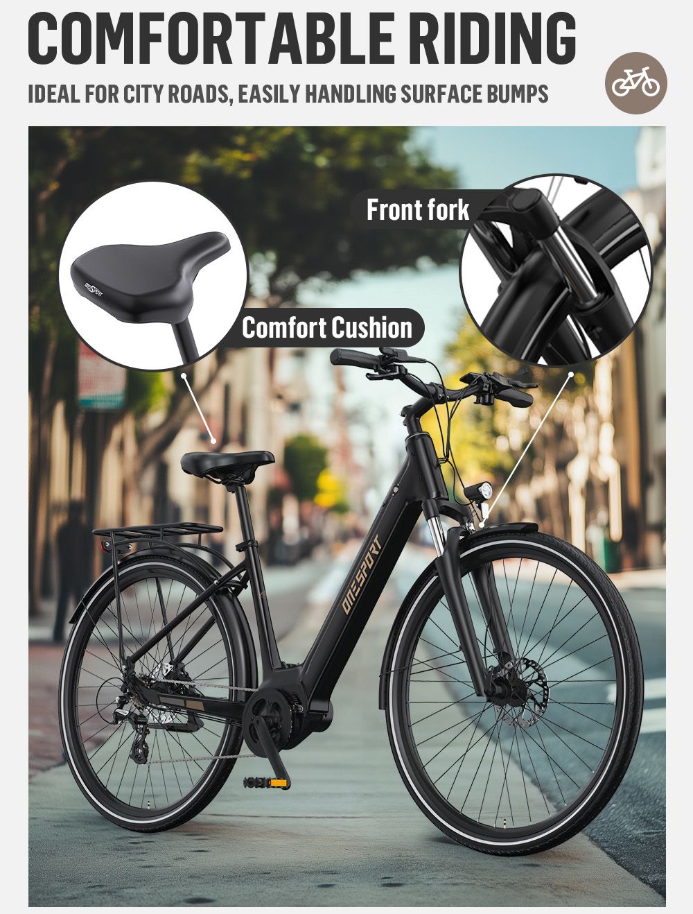 ONESPORT OT07 Electric Bike 250W BAFANG Mid Drive Motor 36V 14AH Battery 27.5 inch Tires 25km/h Max Speed, 110km Range, Shock Absorbing Fork, Hydraulic Disc Brakes, SHIMANO 7-Speed - Black