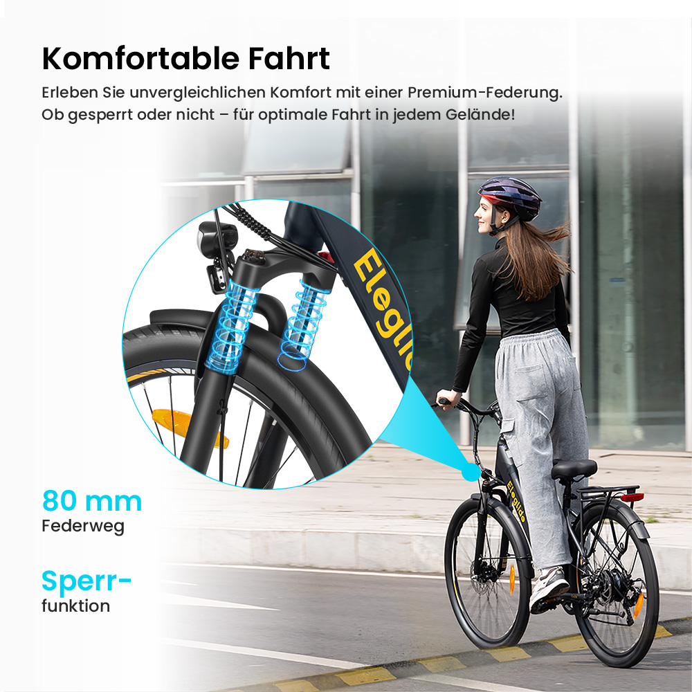 Eleglide T2 Elektrofahrrad, 250-W-Motor, 36-V-13-Ah-Akku, 27,5 x 2,1 Zoll Reifen, 25 km/h Höchstgeschwindigkeit, 100 km maximale Reichweite, hydraulische Scheibenbremsen, Federgabel mit Verriegelung, Shimano 7-Gang, LCD-Display, App-Steuerung