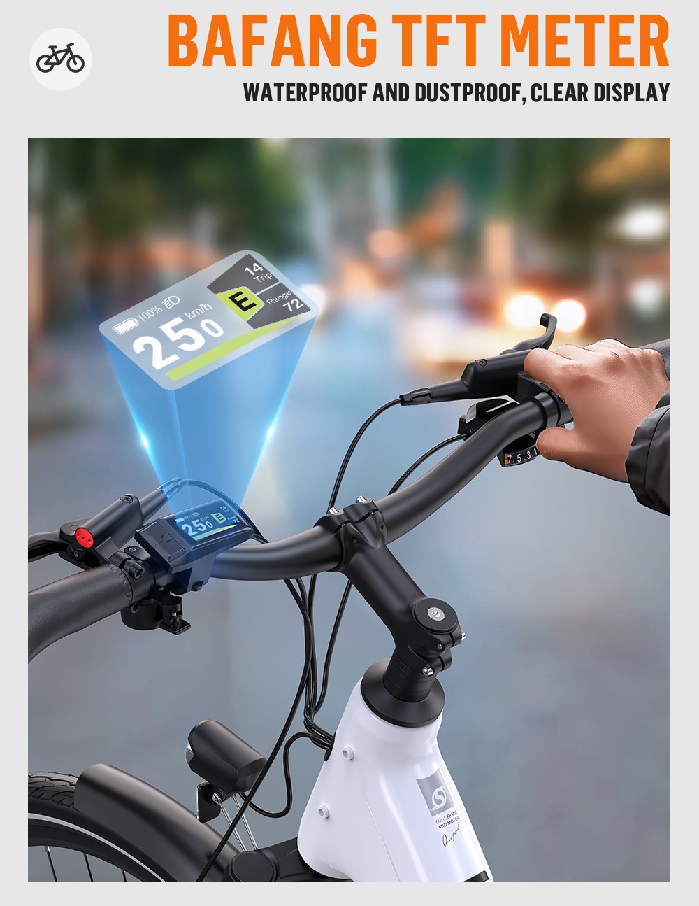 ONESPORT OT07 Electric Bike 250W BAFANG Mid Drive Motor 36V 14AH Battery 27.5 inch Tires 25km/h Max Speed, 110km Range, Shock Absorbing Fork, Hydraulic Disc Brakes, SHIMANO 7-Speed - White