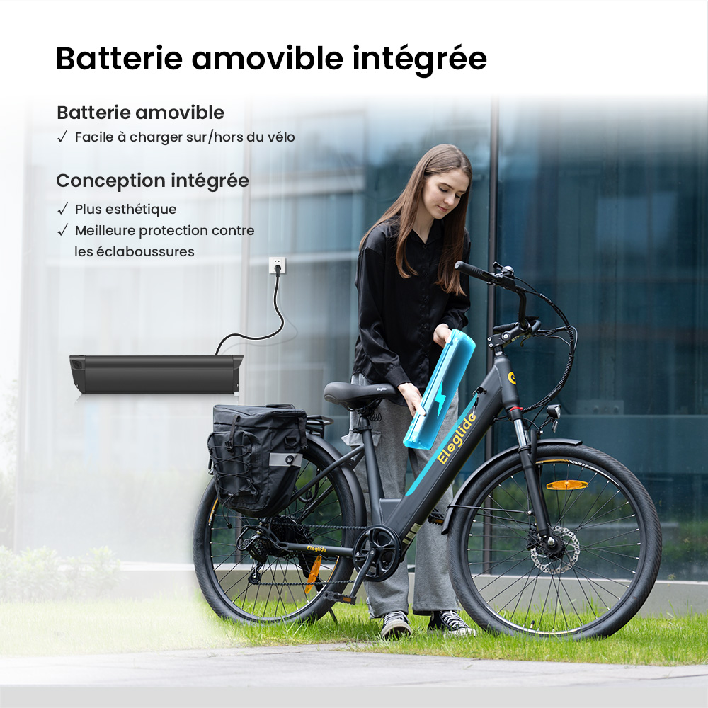 Vélo électrique Eleglide T2, moteur 250 W, batterie 36 V 13 Ah, pneus 27,5 x 2,1 pouces, vitesse maximale 25 km/h, autonomie maximale 100 km, freins à disque hydrauliques, fourche à suspension avec blocage, Shimano 7 vitesses, écran LCD, contrôle par application