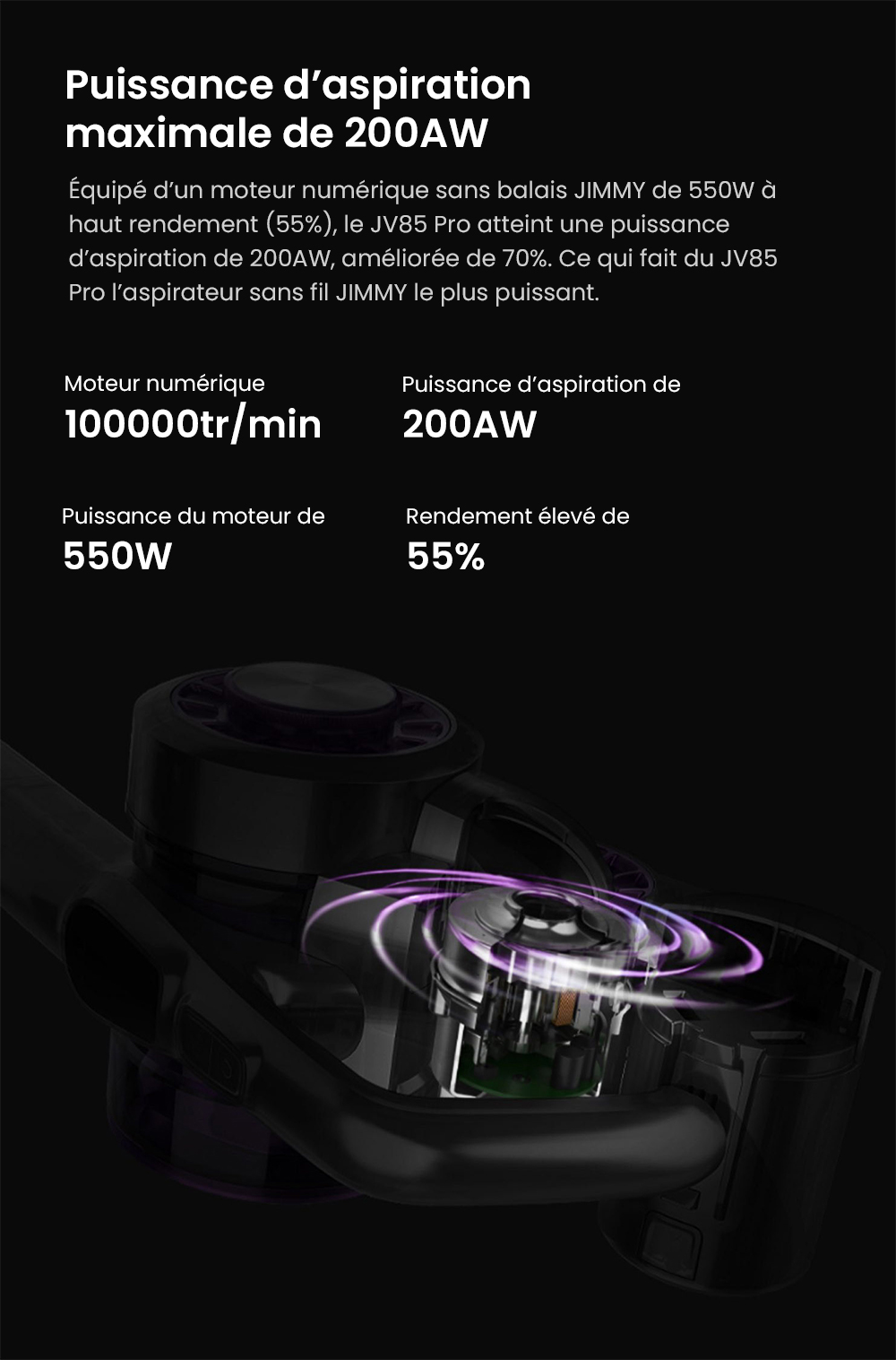 Aspirateur à main flexible sans fil JIMMY JV85 Pro avec aspiration puissante de 200 AW, moteur sans balais numérique de 550 W, autonomie de 70 minutes, bruit ultra-faible pour nettoyer les sols et les meubles par Xiaomi