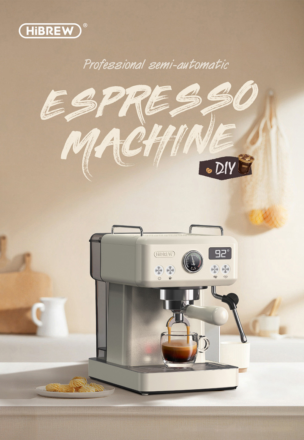 HiBREW H10A Kaffeemaschine, 20 Bar Extraktionsdruck, einstellbare Temperatur und Tassenvolumen, 58 mm Siebträger, 1,8 l abnehmbarer Wassertank - Beige