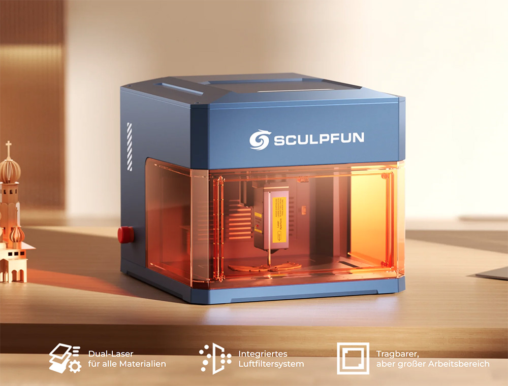 SCULPFUN iCube Ultra Dual 12W + 1.2W Lasergravierer – Zwei Laserquellen für Holz & Metall, Klasse 1 Sicherheitsdesign, 10000 mm/min Präzisionsgravur