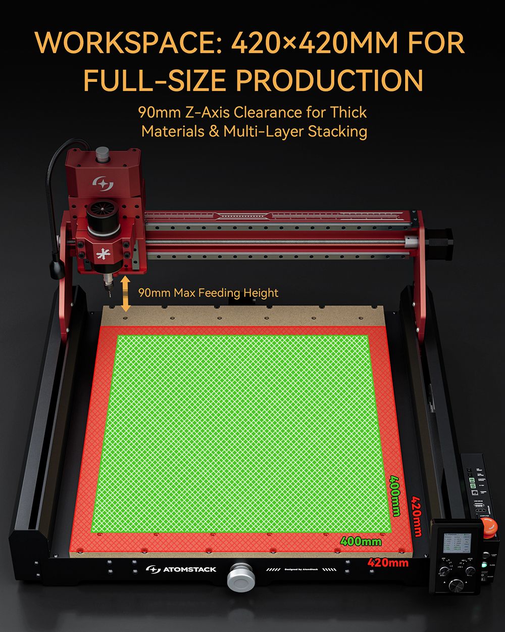AtomStack C4 Pro CNC Router Machine, 200W Spindle, 4-Axis Intelligent Control, 0.01mm Precision, 2000mm/min Speed, 12000RPM, 420x420mm Working Area, Compatible with Metal/Wood/PCB