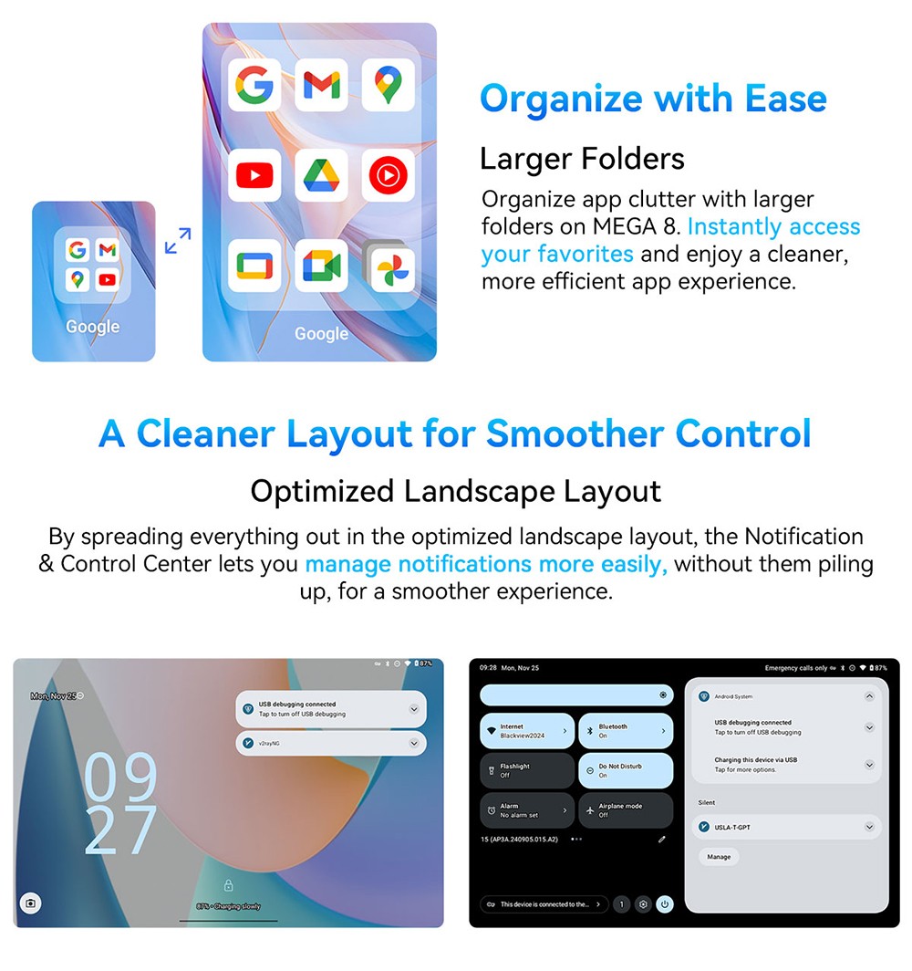 Tablette Blackview MEGA 8, écran IPS 13 pouces 90 Hz, processeur Unisoc Tiger T620 8 cœurs, RAM 12 Go + 24 Go, ROM 512 Go, Android 15, appareil photo 50 Mpx + 13 Mpx + 2 Mpx, batterie 11 000 mAh, charge rapide 18 W, Wi-Fi 5G, Bluetooth 5.0, GPS/Glonass/Beidou/Galileo