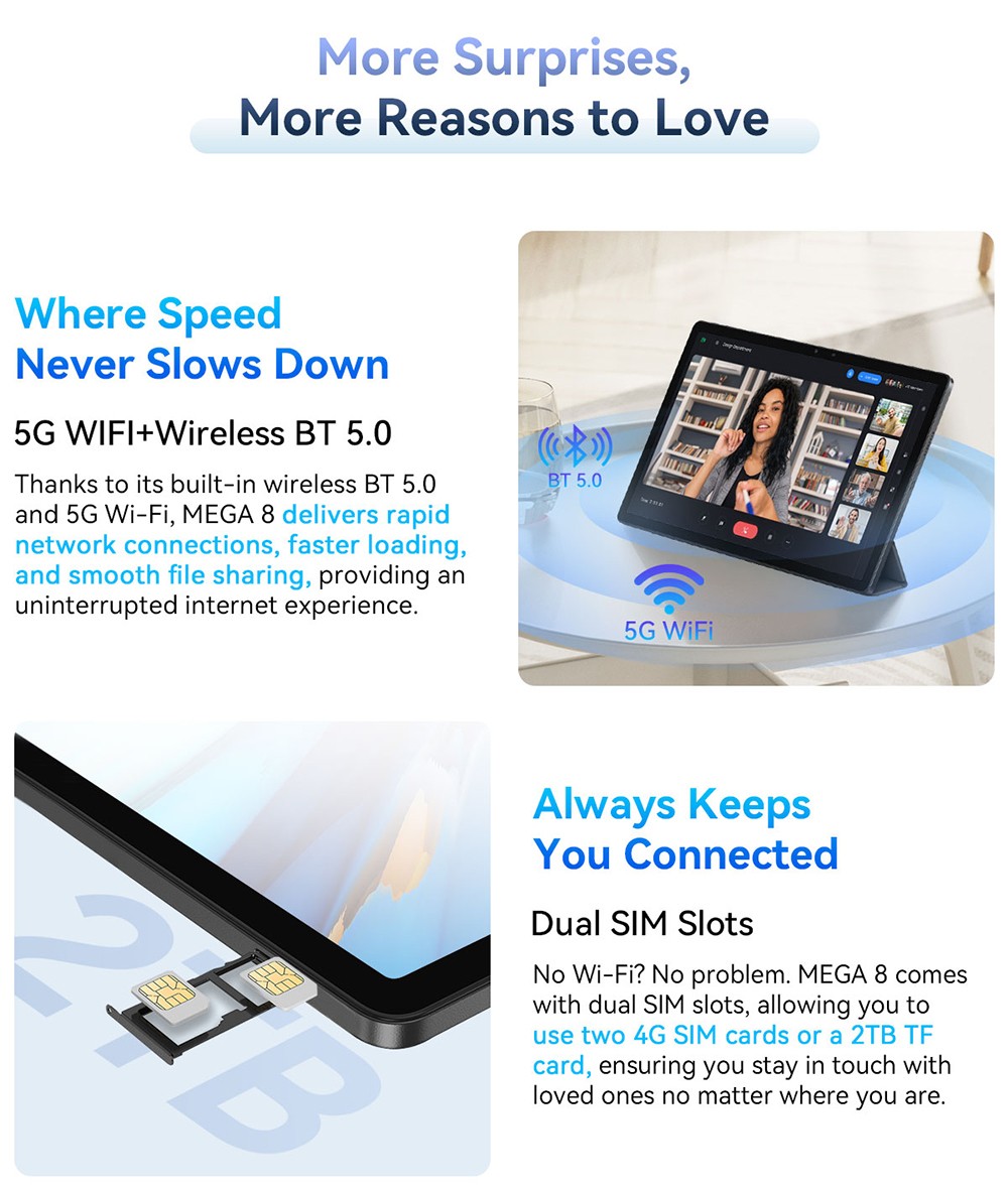 Tablette Blackview MEGA 8, écran IPS 13 pouces 90 Hz, processeur Unisoc Tiger T620 8 cœurs, RAM 12 Go + 24 Go, ROM 512 Go, Android 15, appareil photo 50 Mpx + 13 Mpx + 2 Mpx, batterie 11 000 mAh, charge rapide 18 W, Wi-Fi 5G, Bluetooth 5.0, GPS/Glonass/Beidou/Galileo