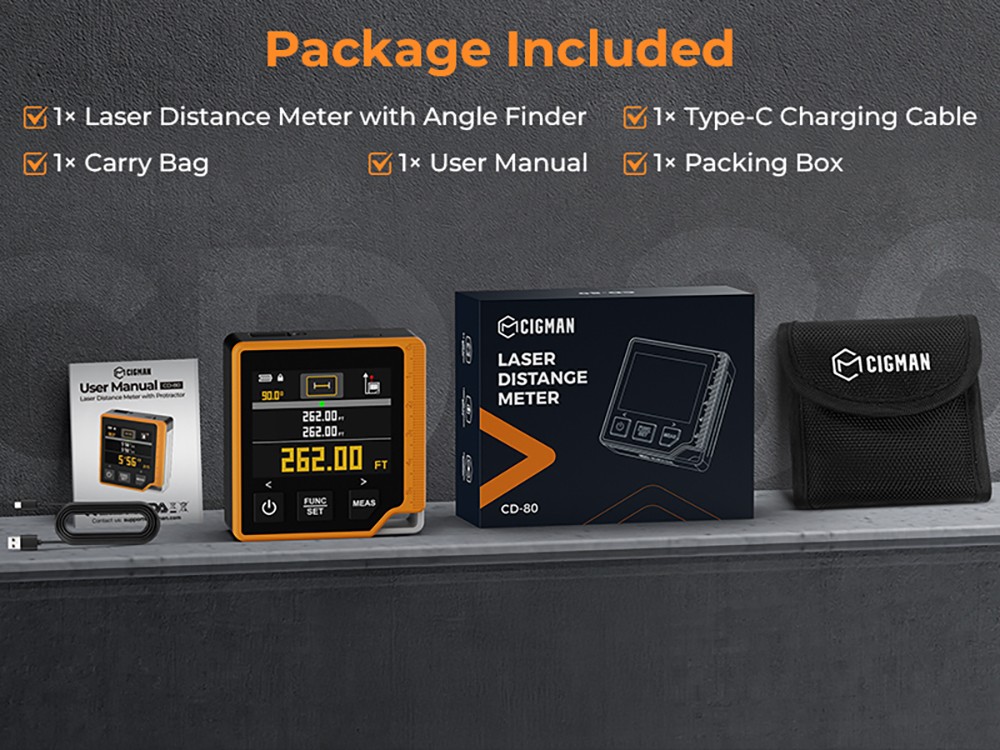 CIGMAN CD-80 Laser Tape Measure, 262ft/80m Measurement, 6 Units Switchable, 1000mAh Rechargeable Battery