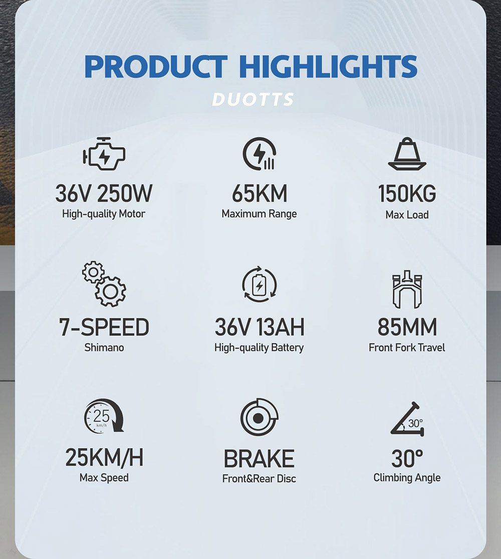 DUOTTS C29 Lite Electric Bike, 250W Motor, 36V 13Ah Battery, 27.5 inch Tires, 25kn/h Max Speed, 65km Range, Mechanical Disc Brakes, Front Suspension Fork, Shimano 7-speed