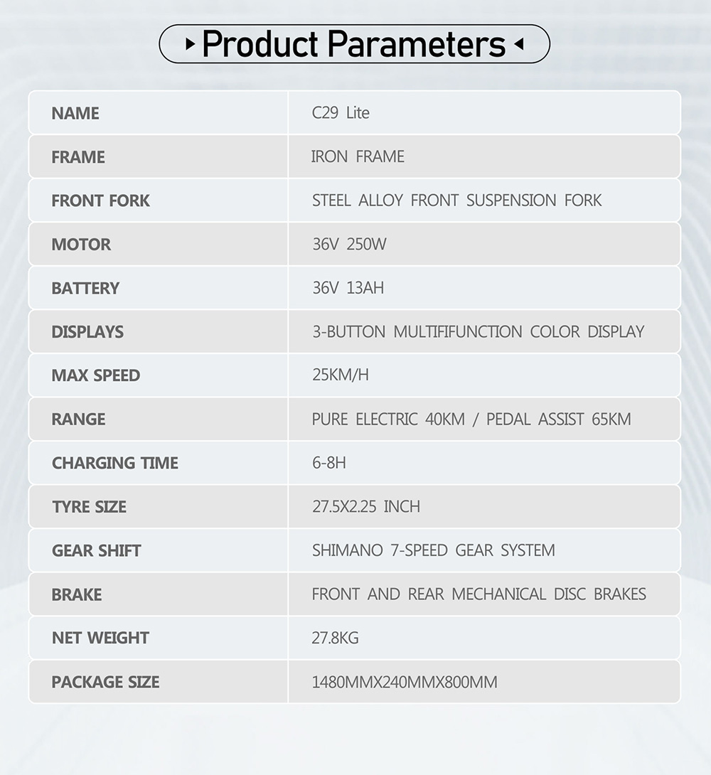 DUOTTS C29 Lite Electric Bike, 250W Motor, 36V 13Ah Battery, 27.5 inch Tires, 25kn/h Max Speed, 65km Range, Mechanical Disc Brakes, Front Suspension Fork, Shimano 7-speed
