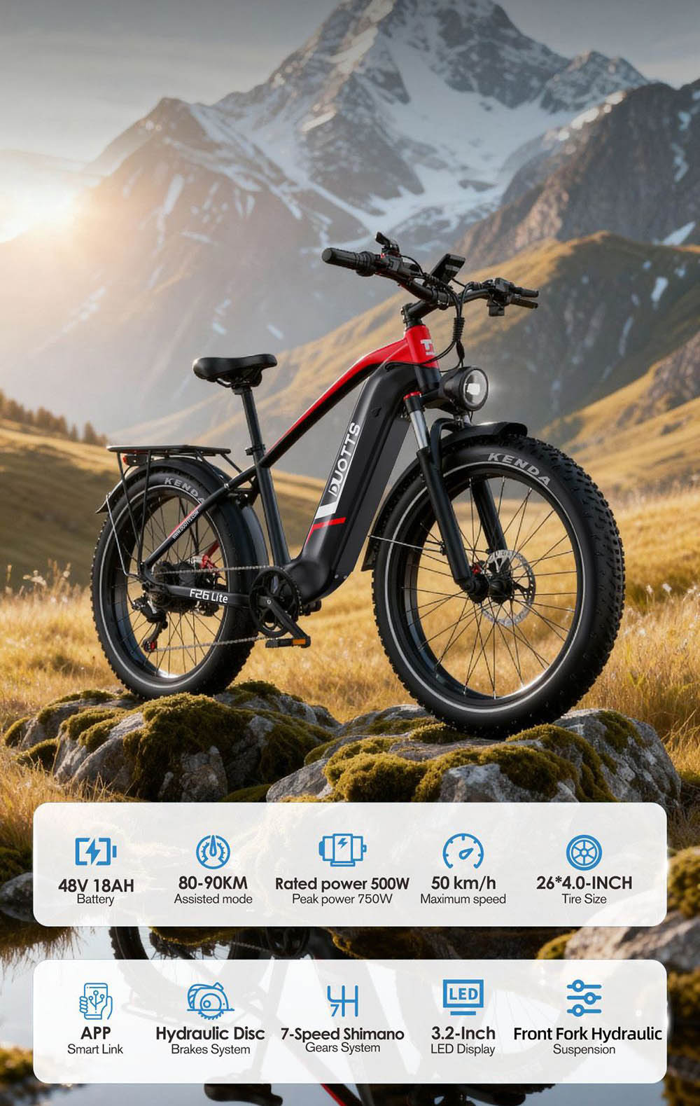 DUOTTS F26 Lite Electric Bike, 500W Motor, 48V 18Ah Battery, 26*4.0 inch Tires, 50km/h Max Speed, 90km Range, Hydraulic Disc Brake, Front Fork Hydraulic Suspension, Shimano 7-speed, APP Control - Black Red