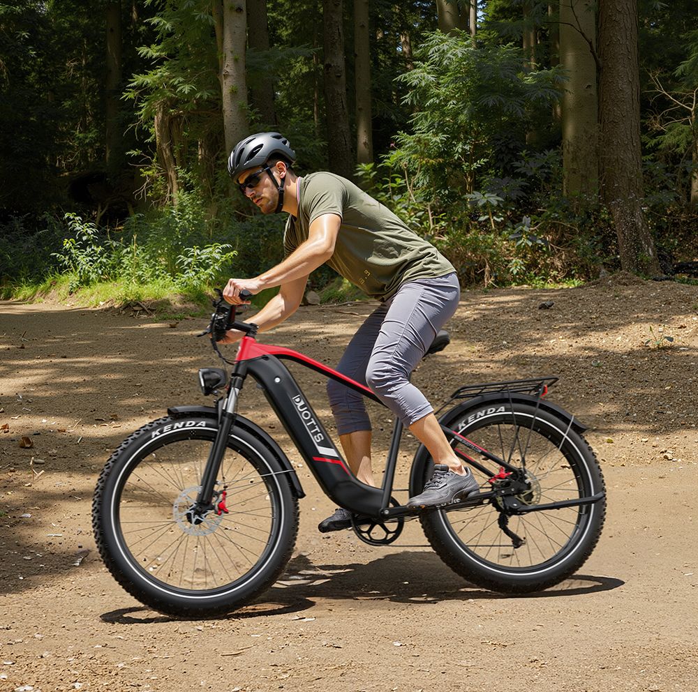 DUOTTS F26 Lite Electric Bike, 500W Motor, 48V 18Ah Battery, 26*4.0 inch Tires, 50km/h Max Speed, 90km Range, Hydraulic Disc Brake, Front Fork Hydraulic Suspension, Shimano 7-speed, APP Control - Black Red