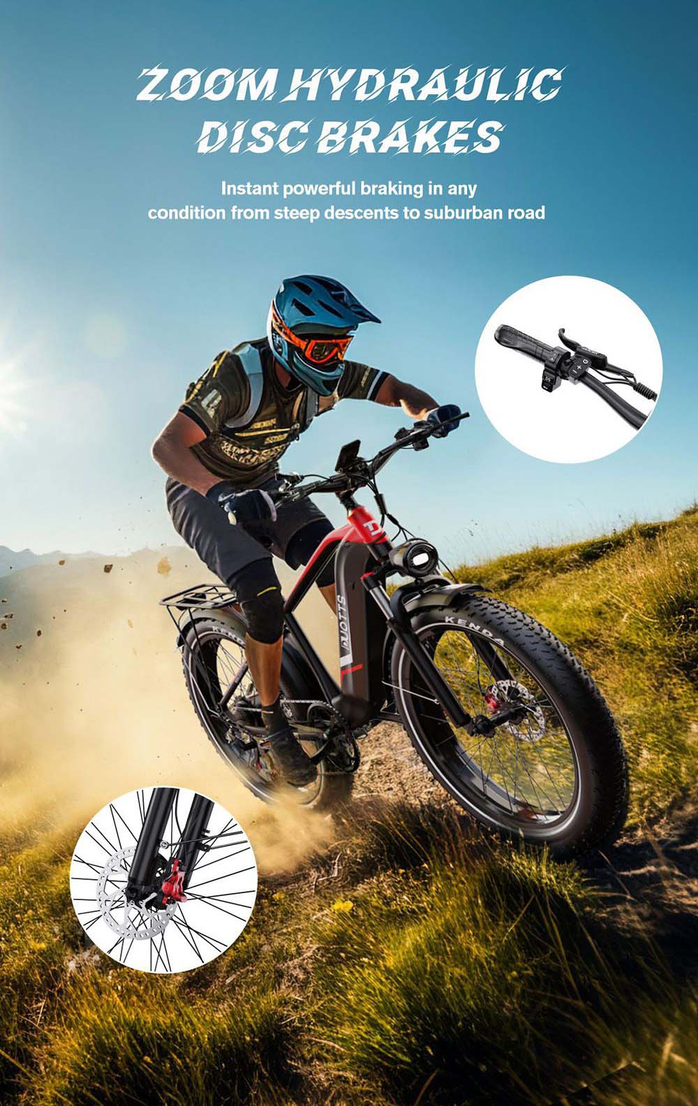 DUOTTS F26 Lite Electric Bike, 500W Motor, 48V 18Ah Battery, 26*4.0 inch Tires, 50km/h Max Speed, 90km Range, Hydraulic Disc Brake, Front Fork Hydraulic Suspension, Shimano 7-speed, APP Control - Black Red